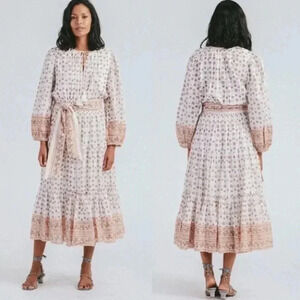 Cleobella Blakely Midi Dress Cotton Floral Print Long Sleeve Tie Waist Casual S